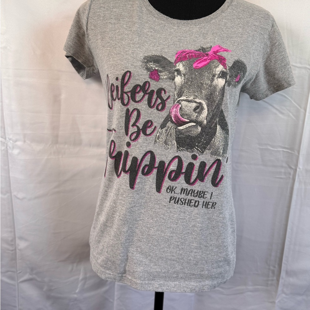 Gray Graphic Tee with Pink Accents